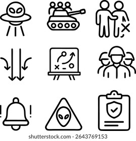 Invasion and Military Strategy Line Art Icon Set - Vector Illustrations of Alien Attack and Army Defense