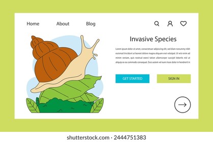 Invasive species threat web banner or landing page. Snail as nonnative organism impacting natural habitats. Biodiversity disruption. Flat vector illustration.