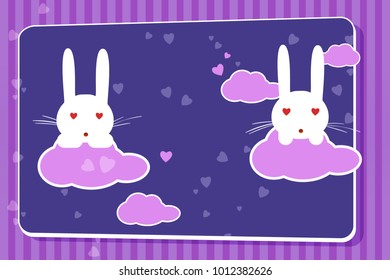 invatation colorful background with white cute rabbit with enamored eyes