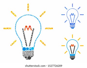 Invent bulb composition of circle elements in various sizes and color hues, based on invent bulb icon. Vector circle elements are composed into blue composition.