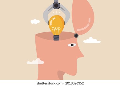 Invent new idea or innovation, knowledge or new skill to achieve work success, creativity and imagination concept, machine robot arm put bright lightbulb idea in human head metaphor of invent new idea