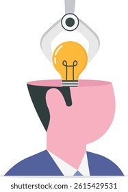 Invent new idea or innovation, knowledge or new skill to achieve work success, creativity and imagination concept, machine robot arm put bright lightbulb idea in human head metaphor of invent new idea