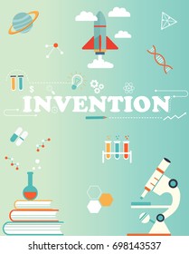 Invention concept for web banners. Science laboratory research banner with scientific elements .