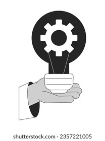 Invention flat monochrome isolated vector object. Hand holding light bulb with gear inside. Editable black and white line art drawing. Simple outline spot illustration for web graphic design