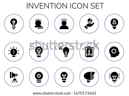invention icon set. 15 filled invention icons.  Simple modern icons such as: Idea, Lamp, Eco bulb, Inspiration, Light, Lightbulb