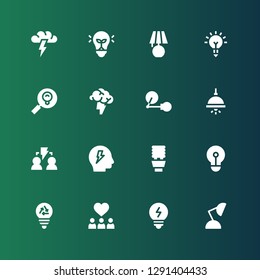 invention icon set. Collection of 16 filled invention icons included Lamp, Bulb, Inspiration, Lightbulb, Brainstorm, Brainstorming