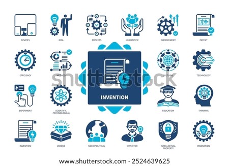 Invention icon set. Improvement, Efficiency, Idea, Technology, Thinking, Unique, Innovation, Patent. Duotone color solid icons