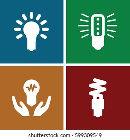 invention icons set. Set of 4 invention filled icons such as light bulb, fluorescent lamp, bulb in hand