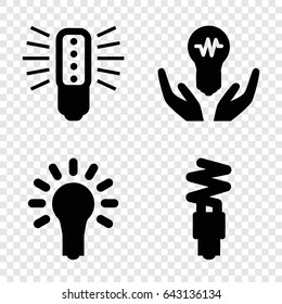 Invention icons set. set of 4 invention filled icons such as light bulb, fluorescent lamp, bulb in hand