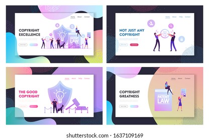 Invention or Idea Copyright Protection Website Landing Page Set. Security Stand near Huge Shield with Lamp Icon and Gavel, People Study Patent Law Web Page Banner. Cartoon Flat Vector Illustration