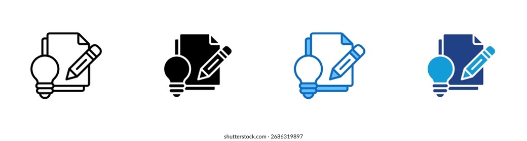 Invention Multiple Style Icon Design Vector - Light bulb with document and pencil symbolizing creation, research, and invention