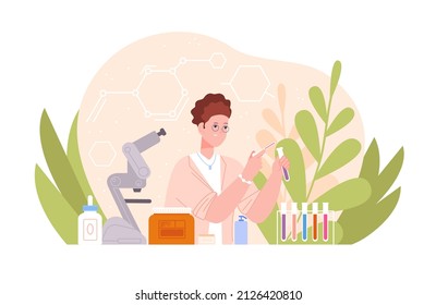 Invention organic product. Woman pharmacist lab invents natural herbal oil skincare cosmetic, scientist bottle with health vitamin ingredients, vector illustration. Scientist cosmetic invention