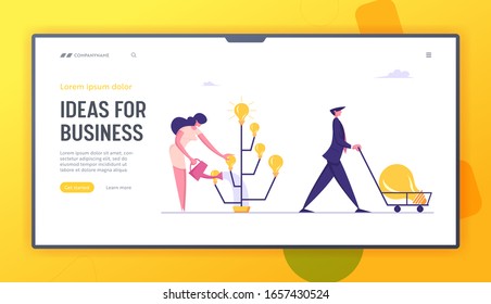 Invention Project Website Landing Page. Businesswoman Inventor Grow Idea Tree with Glow Light Bulbs. Happy Business Man Pushing Cart with Huge Lamp, Web Page Banner. Cartoon Flat Vector Illustration