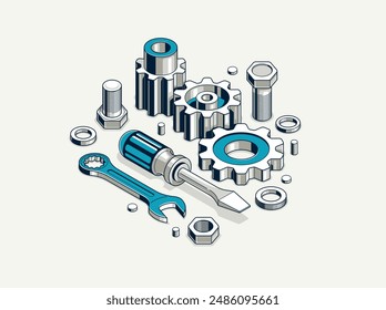 Invention renovation concept, gears and tools in 3D isometric projection vector illustration, technical theme, cogs and bolts machinery and engine creation.