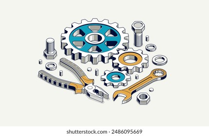 Invention renovation concept, gears and tools in 3D isometric projection vector illustration, technical theme, cogs and bolts machinery and engine creation.