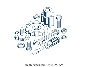 Invention renovation concept, gears and tools in 3D isometric projection vector illustration, technical theme, cogs and bolts machinery and engine creation.