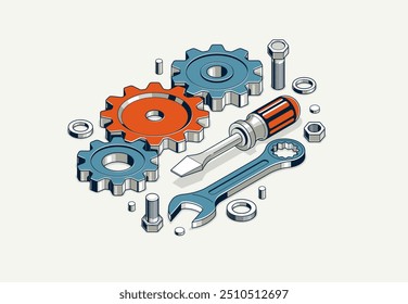 Concepto de renovación de inventos, engranajes y herramientas en Ilustración vectorial de proyección isométrica 3D, temática técnica, maquinaria de engranajes y pernos y creación de motores.