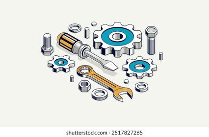 Invention renovation concept, gears and tools in 3D isometric projection vector illustration, technical theme, cogs and bolts machinery and engine creation.