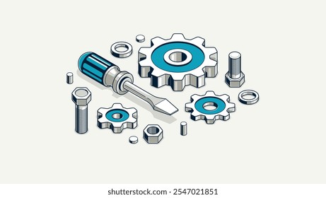 Invention renovation concept, gears and tools in 3D isometric projection vector illustration, technical theme, cogs and bolts machinery and engine creation.