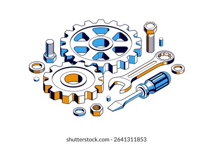 Invention renovation concept, gears and tools in 3D isometric projection vector illustration, technical theme, cogs and bolts machinery and engine creation.