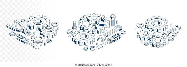 Conjunto de conceptos de renovación de inventos, engranajes y herramientas en Ilustración vectorial de proyección isométrica 3D, tema técnico, maquinaria de engranajes y pernos y creación de motores.