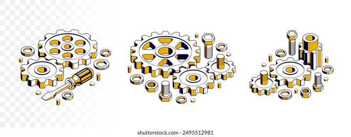 Invention renovation concept set, gears and tools in 3D isometric projection vector illustration, technical theme, cogs and bolts machinery and engine creation.