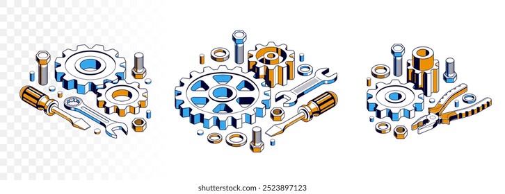 Invention renovation concept set, gears and tools in 3D isometric projection vector illustration, technical theme, cogs and bolts machinery and engine creation.