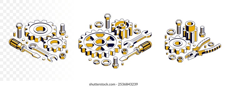 Invention renovation concept set, gears and tools in 3D isometric projection vector illustration, technical theme, cogs and bolts machinery and engine creation.