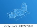Invention renovation and development concept, gears and cogs with cad engineering drawing isometric 3D vector illustration, technology theme, machinery and engine creation.