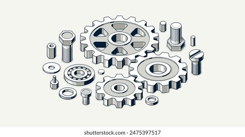 Invention renovation and development concept, gears and cogs composition isometric 3D vector illustration, technology theme, machinery and engine creation.