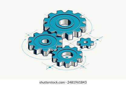 Invention renovation and development concept, gears and cogs with cad engineering drawing isometric 3D vector illustration, technology theme, machinery and engine creation.