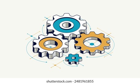 Invention renovation and development concept, gears and cogs with cad engineering drawing isometric 3D vector illustration, technology theme, machinery and engine creation.