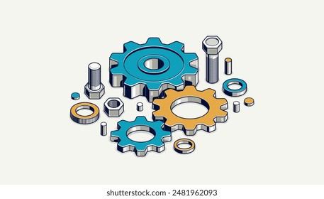 Invention renovation and development concept, gears and cogs composition isometric 3D vector illustration, technology theme, machinery and engine creation.