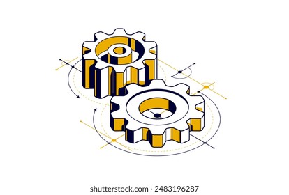 Invention renovation and development concept, gears and cogs with cad engineering drawing isometric 3D vector illustration, technology theme, machinery and engine creation.