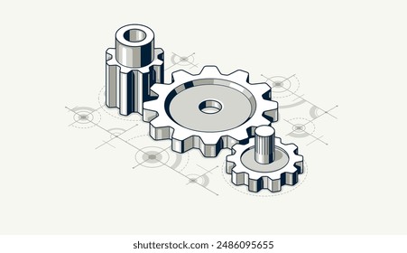 Invention renovation and development concept, gears and cogs with cad engineering drawing isometric 3D vector illustration, technology theme, machinery and engine creation.