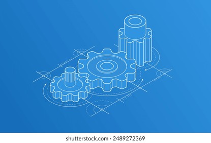 Invention renovation and development concept, gears and cogs with cad engineering drawing isometric 3D vector illustration, technology theme, machinery and engine creation.