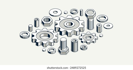 Invention renovation and development concept, gears and cogs composition isometric 3D vector illustration, technology theme, machinery and engine creation.