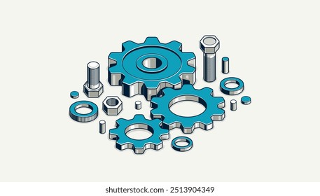 Invention renovation and development concept, gears and cogs composition isometric 3D vector illustration, technology theme, machinery and engine creation.