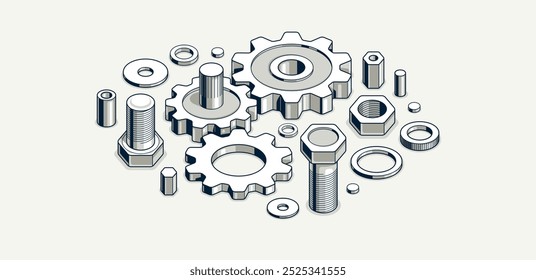 Invention renovation and development concept, gears and cogs composition isometric 3D vector illustration, technology theme, machinery and engine creation.