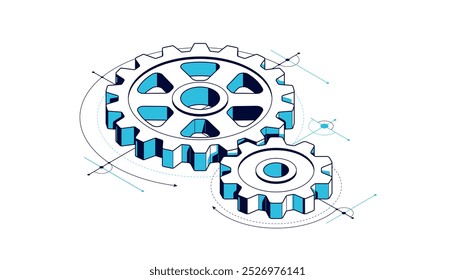 Concepto de renovación y desarrollo de la invención, engranajes y engranajes con ingeniería de CAD que dibujan la Ilustración vectorial isométrica 3D, el tema de la tecnología, la maquinaria y la creación del motor.