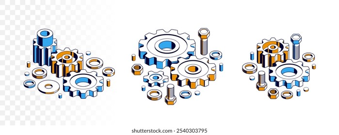 Invention renovation and development concept, gears and cogs composition isometric 3D vector illustration, technology theme, machinery and engine creation.