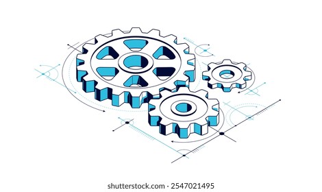 Renovação de invenção e conceito de desenvolvimento, engrenagens e engrenagens com desenho de engenharia cad ilustração vetorial isométrica 3D, tema de tecnologia, criação de máquinas e motores.