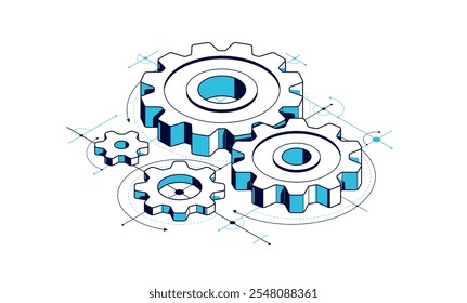 Renovação de invenção e conceito de desenvolvimento, engrenagens e engrenagens com desenho de engenharia cad ilustração vetorial isométrica 3D, tema de tecnologia, criação de máquinas e motores.