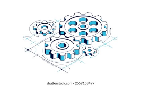 Invention renovation and development concept, gears and cogs with cad engineering drawing isometric 3D vector illustration, technology theme, machinery and engine creation.