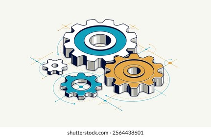 Invention renovation and development concept, gears and cogs with cad engineering drawing isometric 3D vector illustration, technology theme, machinery and engine creation.