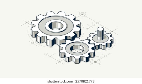 Invention renovation and development concept, gears and cogs with cad engineering drawing isometric 3D vector illustration, technology theme, machinery and engine creation.