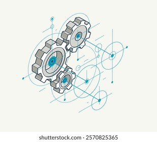 Invention renovation and development concept, gears and cogs with cad engineering drawing isometric 3D vector illustration, technology theme, machinery and engine creation.