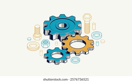 Invention renovation and development concept, gears and cogs composition isometric 3D vector illustration, technology theme, machinery and engine creation.