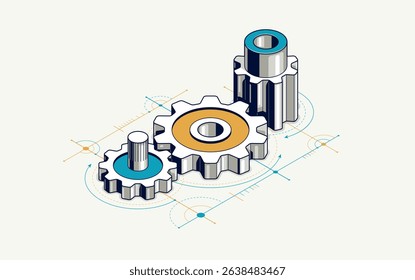 Invention renovation and development concept, gears and cogs with cad engineering drawing isometric 3D vector illustration, technology theme, machinery and engine creation.