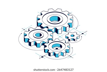 Invention renovation and development concept, gears and cogs with cad engineering drawing isometric 3D vector illustration, technology theme, machinery and engine creation.
